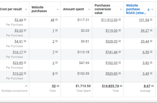 Facebook Ads dashboard showing purchase ROAS, conversion value, and purchase results